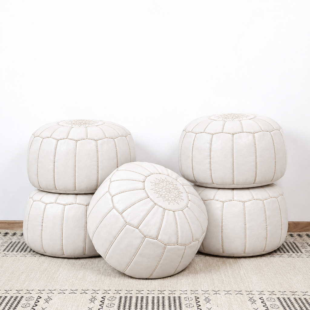 Handmade Moroccan Leather Pouf Ottoman – White