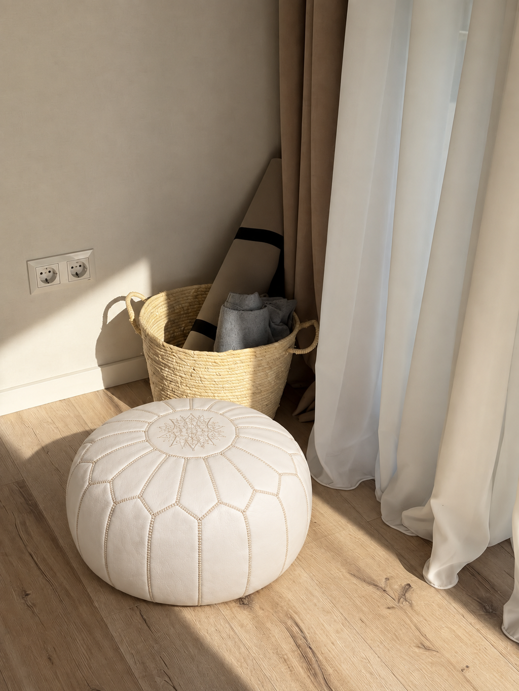 Handmade Moroccan Leather Pouf Ottoman – White
