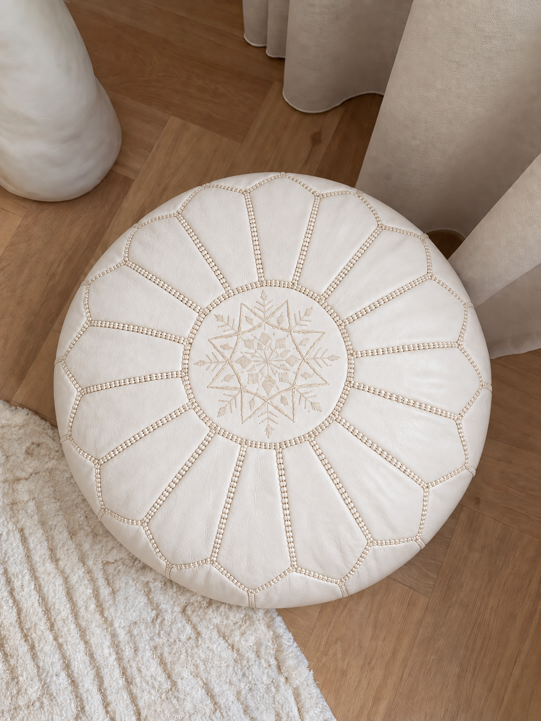 Handmade Moroccan Leather Pouf Ottoman – White