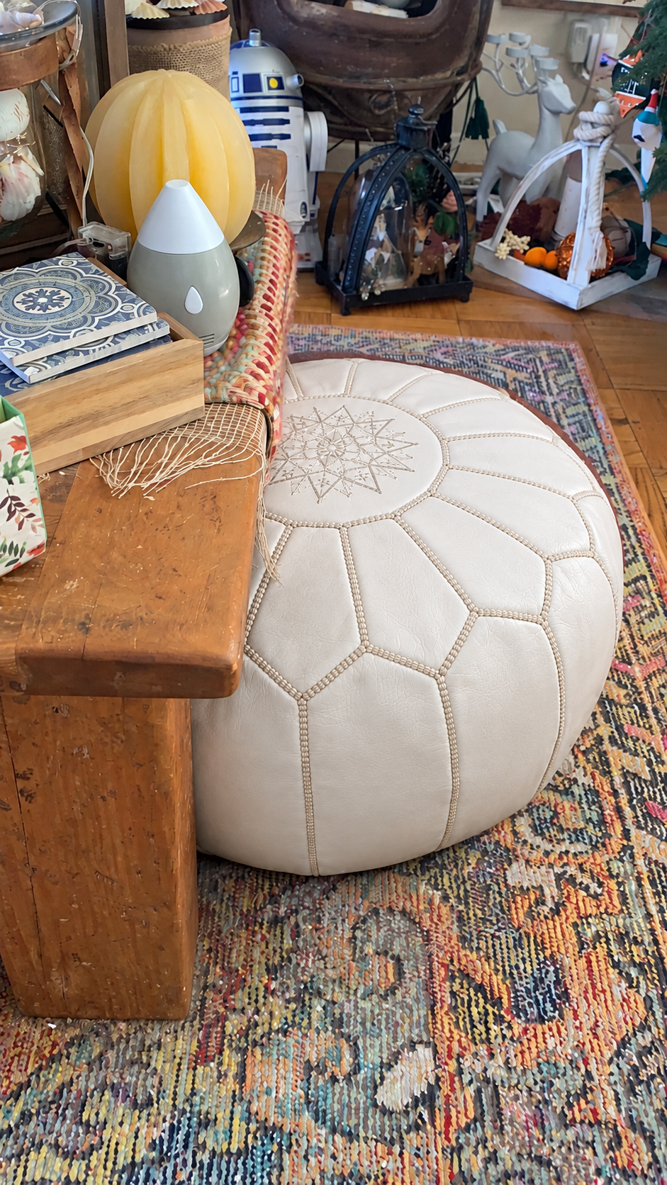 Handmade Moroccan Leather Pouf Ottoman – White